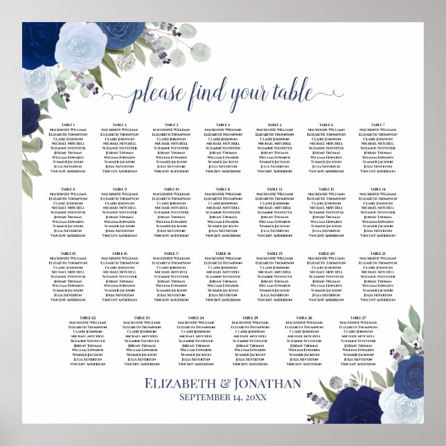 27 Table Blue Roses Elegant Wedding Seating Chart (Front)