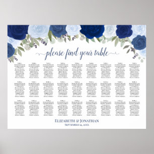 27 Table Blue Roses Elegant Wedding Seating Chart
