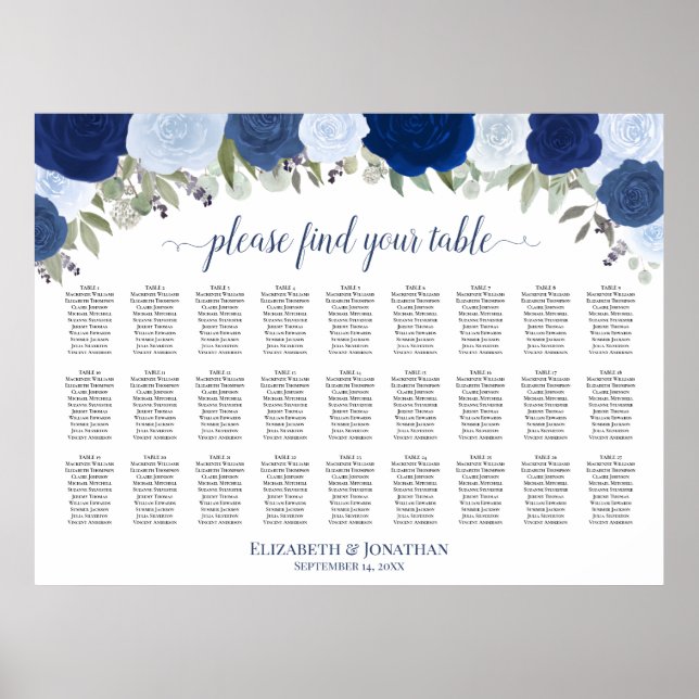 27 Table Blue Roses Elegant Wedding Seating Chart (Front)