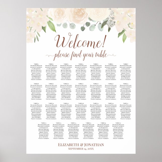 27 Table Champagne Peach Boho Roses Seating Chart (Front)