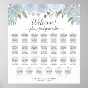 27 Table Dusty Blue Roses Wedding Seating Chart