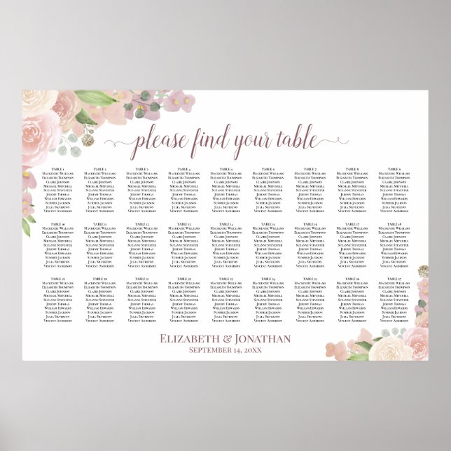 27 Table Elegant Pink Roses Wedding Seating Chart (Front)