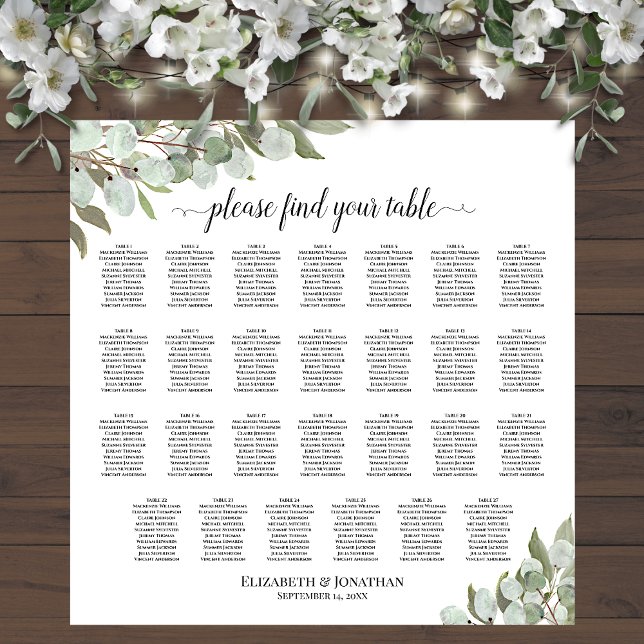 27 Table Eucalyptus Leaves Wedding Seating Chart (In Situ on Wall with Flowers)