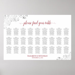 27 Table Frilly Wedding Seating Chart White & Red