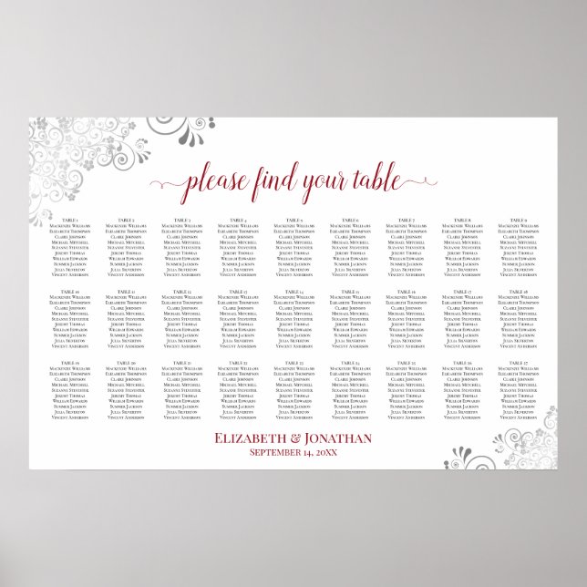 27 Table Frilly Wedding Seating Chart White & Red (Front)