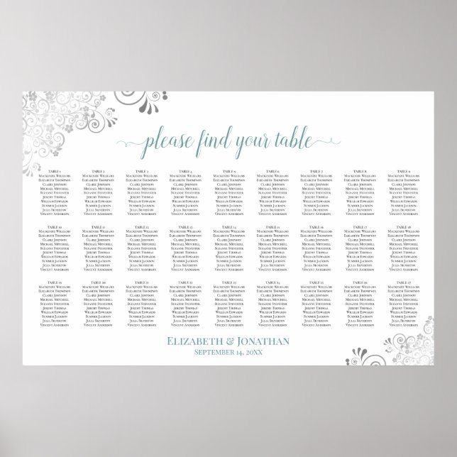 27 Table Frilly Wedding Seating Chart White & Teal (Front)