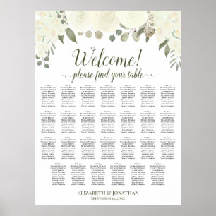 27 Table Ivory White Roses Wedding Seating Chart