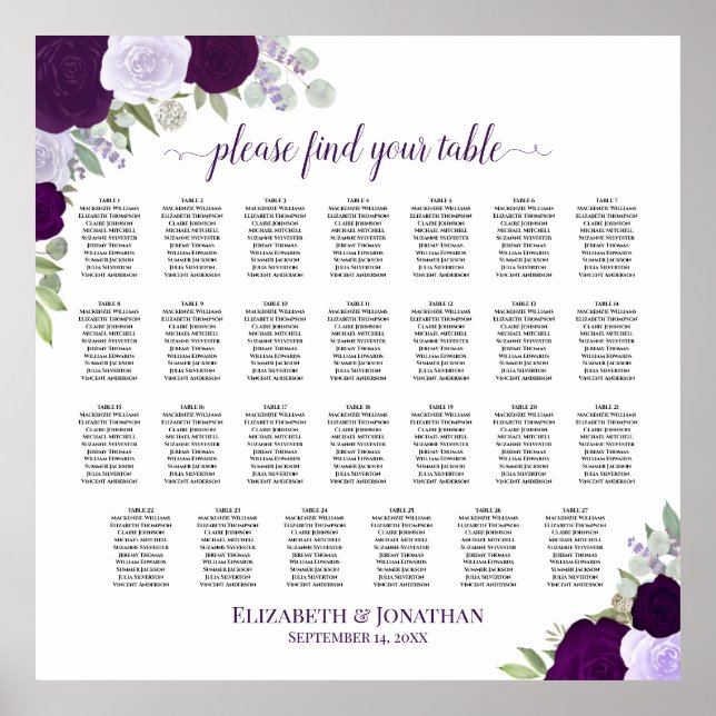 27 Table Purple Roses Chic Wedding Seating Chart (Front)
