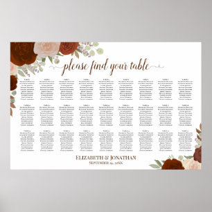 27 Table Rust Orange Roses Wedding Seating Chart