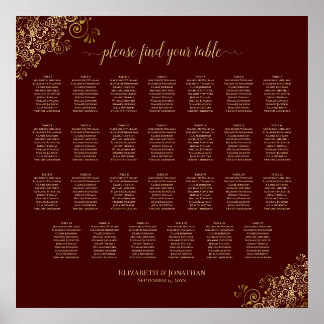 27 Table Wedding Seating Chart Auburn & Lacy Gold (Front)