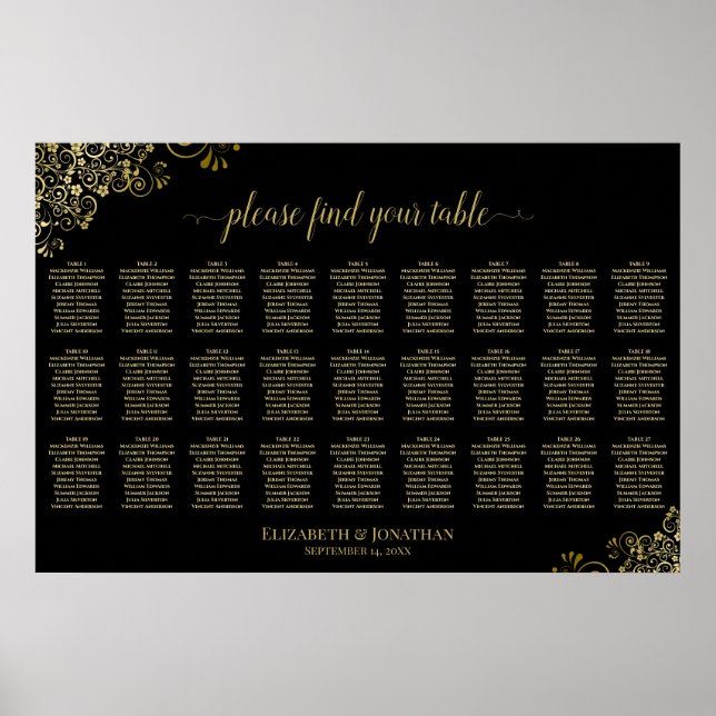 27 Table Wedding Seating Chart Black & Gold Frills (Front)
