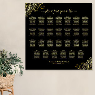 27 Table Wedding Seating Chart Black & Gold Frills