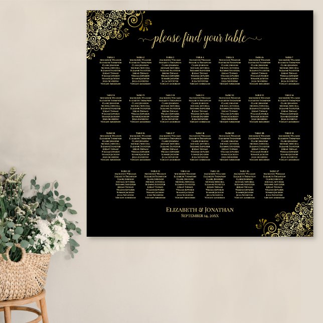 27 Table Wedding Seating Chart Black & Gold Frills (In Situ on Wall)