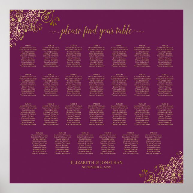 27 Table Wedding Seating Chart Cassis Purple Gold (Front)