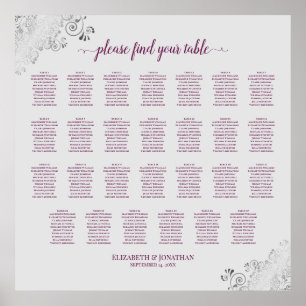 27 Table Wedding Seating Chart Magenta Plum & Grey