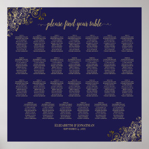 27 Table Wedding Seating Chart Navy Blue & Gold