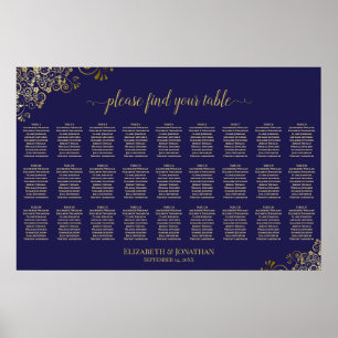27 Table Wedding Seating Chart Navy Blue & Gold