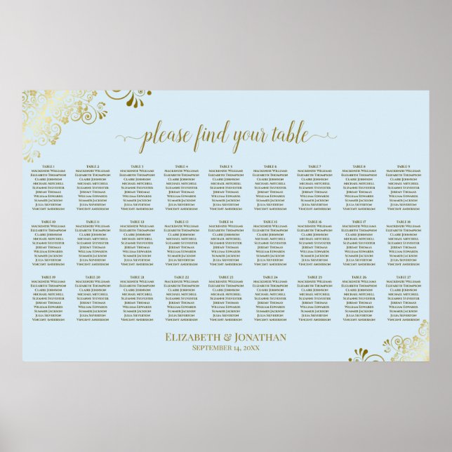 27 Table Wedding Seating Chart Powder Blue & Gold (Front)