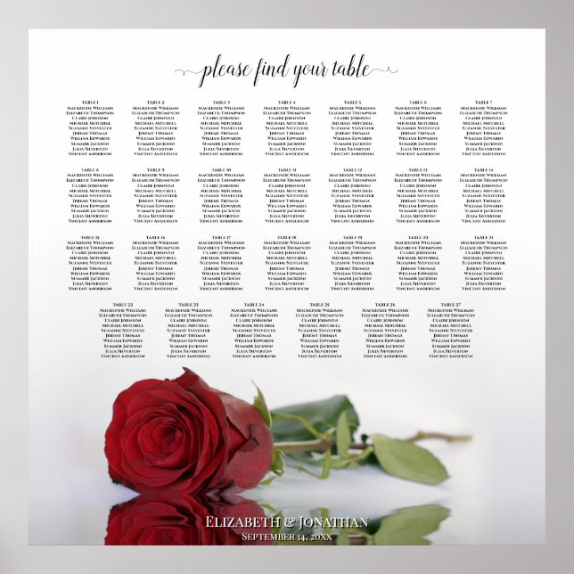 27 Table Wedding Seating Chart Romantic Red Rose (Front)