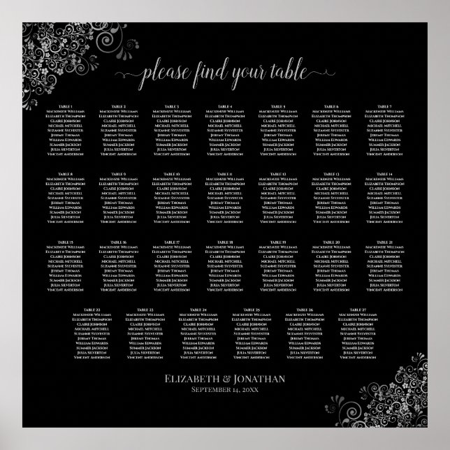 27 Table Wedding Seating Chart Silver Frills Black (Front)