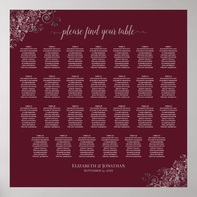 27 Table Wedding Seating Chart Silver on Burgundy (Front)