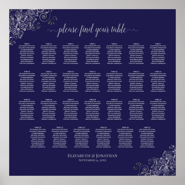 27 Table Wedding Seating Chart Silver on Navy Blue (Front)