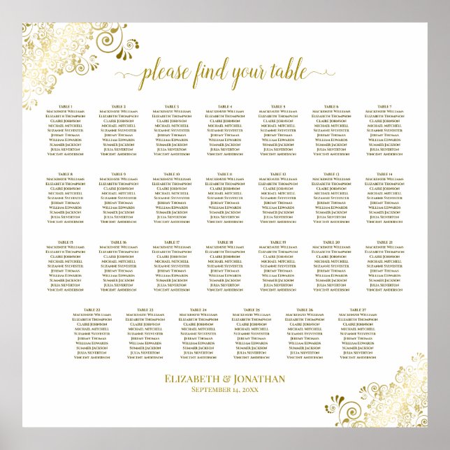 27 Table Wedding Seating Chart White & Gold Frills (Front)