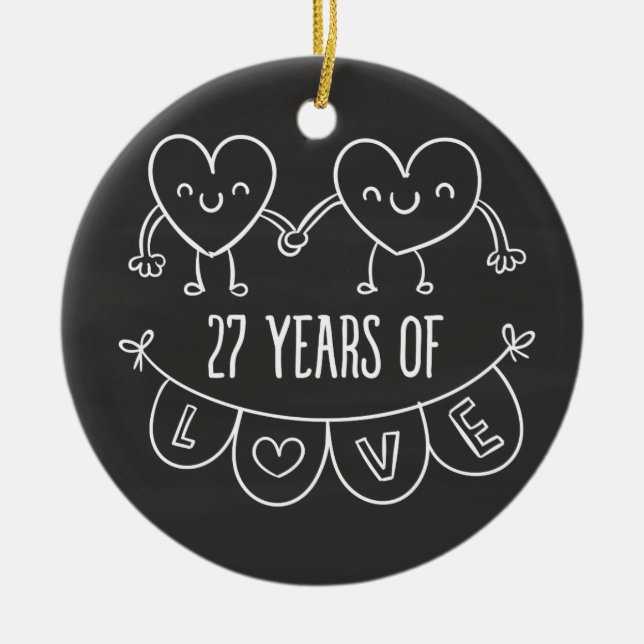 27th Anniversary Gift Chalk Hearts Ceramic Ornament (Front)
