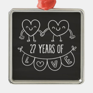 27th Anniversary Gift Chalk Hearts Metal Tree Decoration