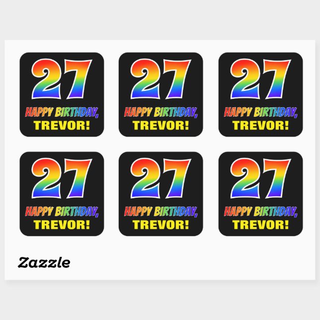 27th Birthday: Bold, Fun, Simple, Rainbow 27 Square Sticker (Sheet)
