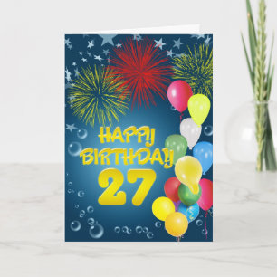 27th Birthday card with fireworks and balloons