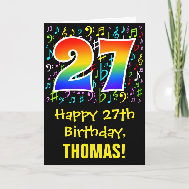 27th Birthday: Colorful Music Symbols + Rainbow 27 Card (Front)