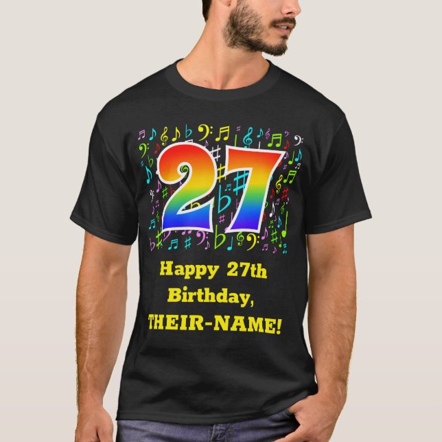 27th Birthday: Colourful Music Symbols, Rainbow 27 T-Shirt (Front)