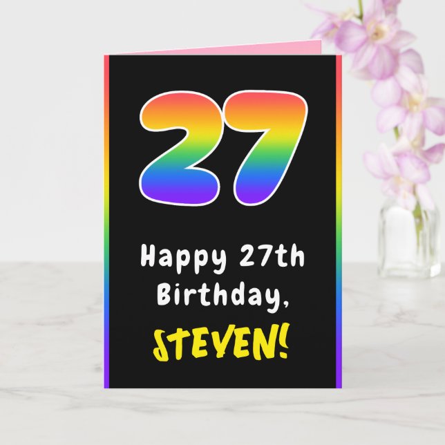 27th Birthday: Colourful Rainbow # 27, Custom Name Card (Orchid)