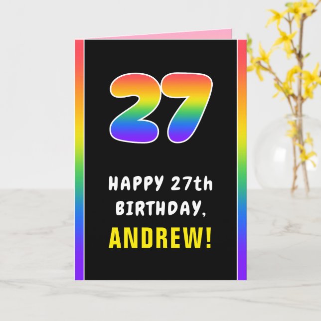 27th Birthday: Colourful Rainbow # 27, Custom Name Card (Yellow Flower)