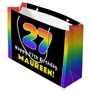 27th Birthday: Colourful Rainbow # 27, Custom Name Large Gift Bag