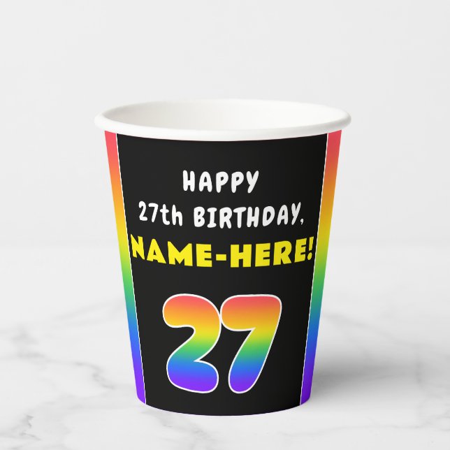 27th Birthday: Colourful Rainbow # 27, Custom Name Paper Cups (Front)