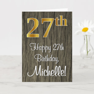 27th Birthday: Elegant Faux Gold Look #, Faux Wood Card
