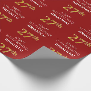 27th Birthday: Elegant, Red, Faux Gold Look Wrapping Paper