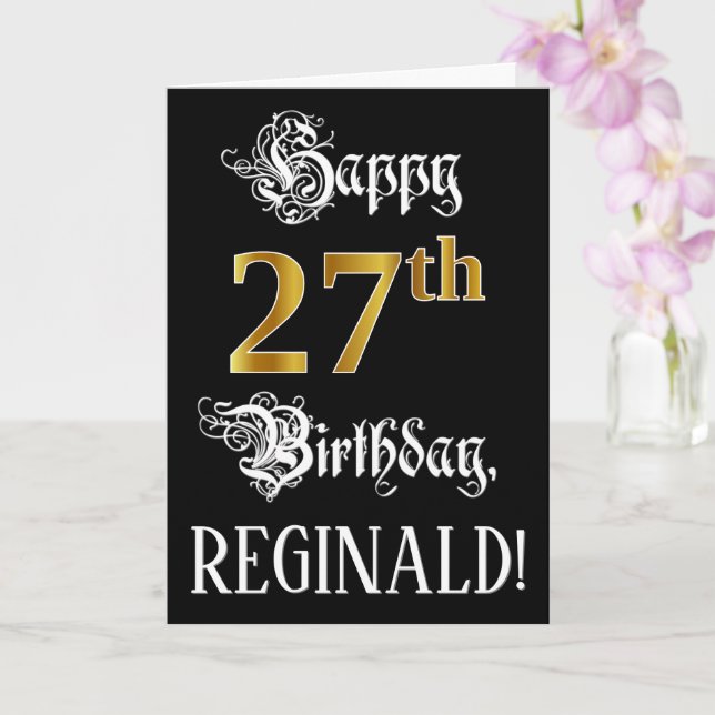 27th Birthday — Fancy Script; Faux Gold Look; Name Card (Orchid)
