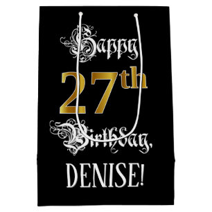 27th Birthday ~ Fancy Script; Faux Gold Look; Name Medium Gift Bag