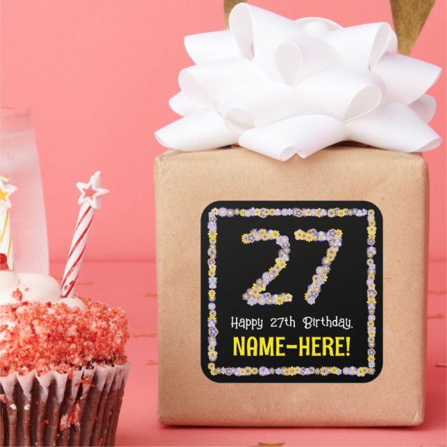 27th Birthday: Floral Flowers Number, Custom Name Square Sticker (Party)