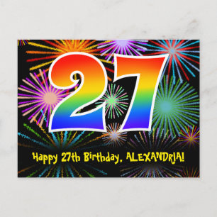 27th Birthday – Fun Fireworks Pattern + Rainbow 27 Postcard