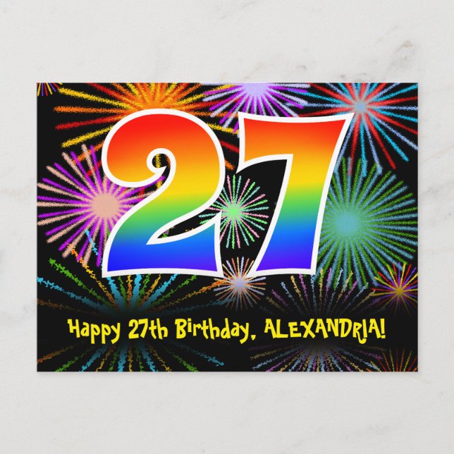 27th Birthday – Fun Fireworks Pattern + Rainbow 27 Postcard (Front)