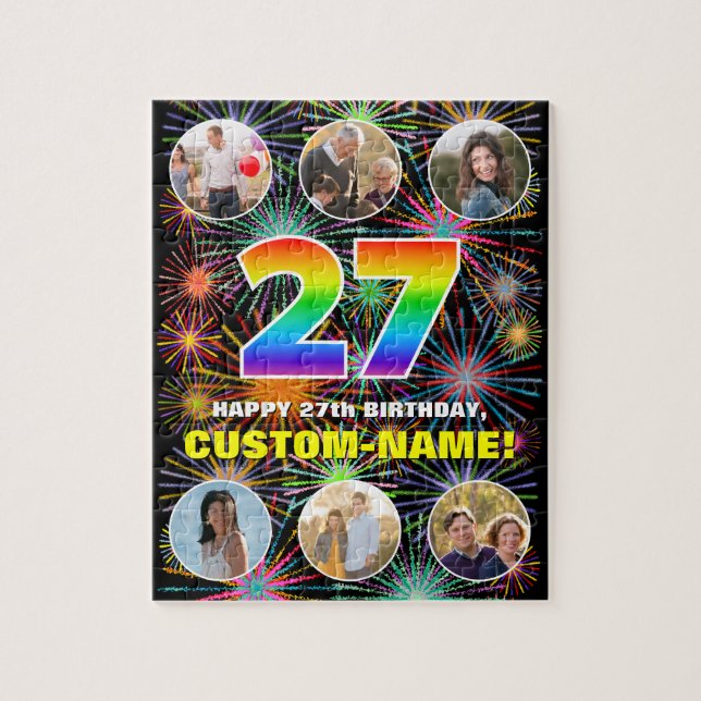 27th Birthday: Fun Rainbow #, Custom Name + Photos Jigsaw Puzzle (Vertical)