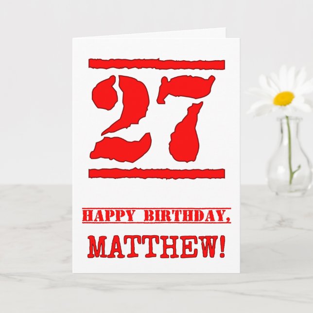 27th Birthday: Fun, Red Rubber Stamp Inspired Look Card (Small Plant)