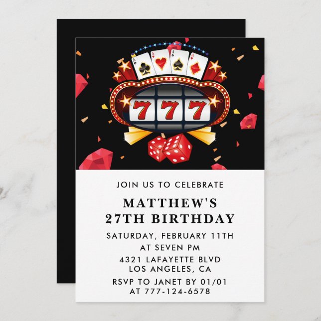 27th birthday invitations Casino theme Poker Black (Front/Back)