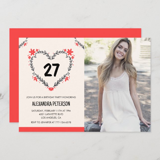 27th birthday invitations for her Floral Heart (Front/Back)