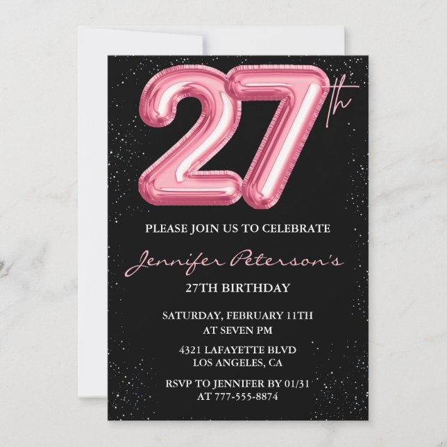 27th birthday invitations Pink Balloon Glam Black (Front)