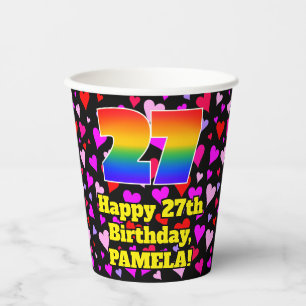 27th Birthday: Loving Hearts Pattern, Rainbow 27 Paper Cups